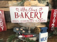Load image into Gallery viewer, Mrs Claus bakery sign. Christmas signs. Christmas decor. Christmas decorations. Christmas tier tray decor. Christmas decorating ideas.
